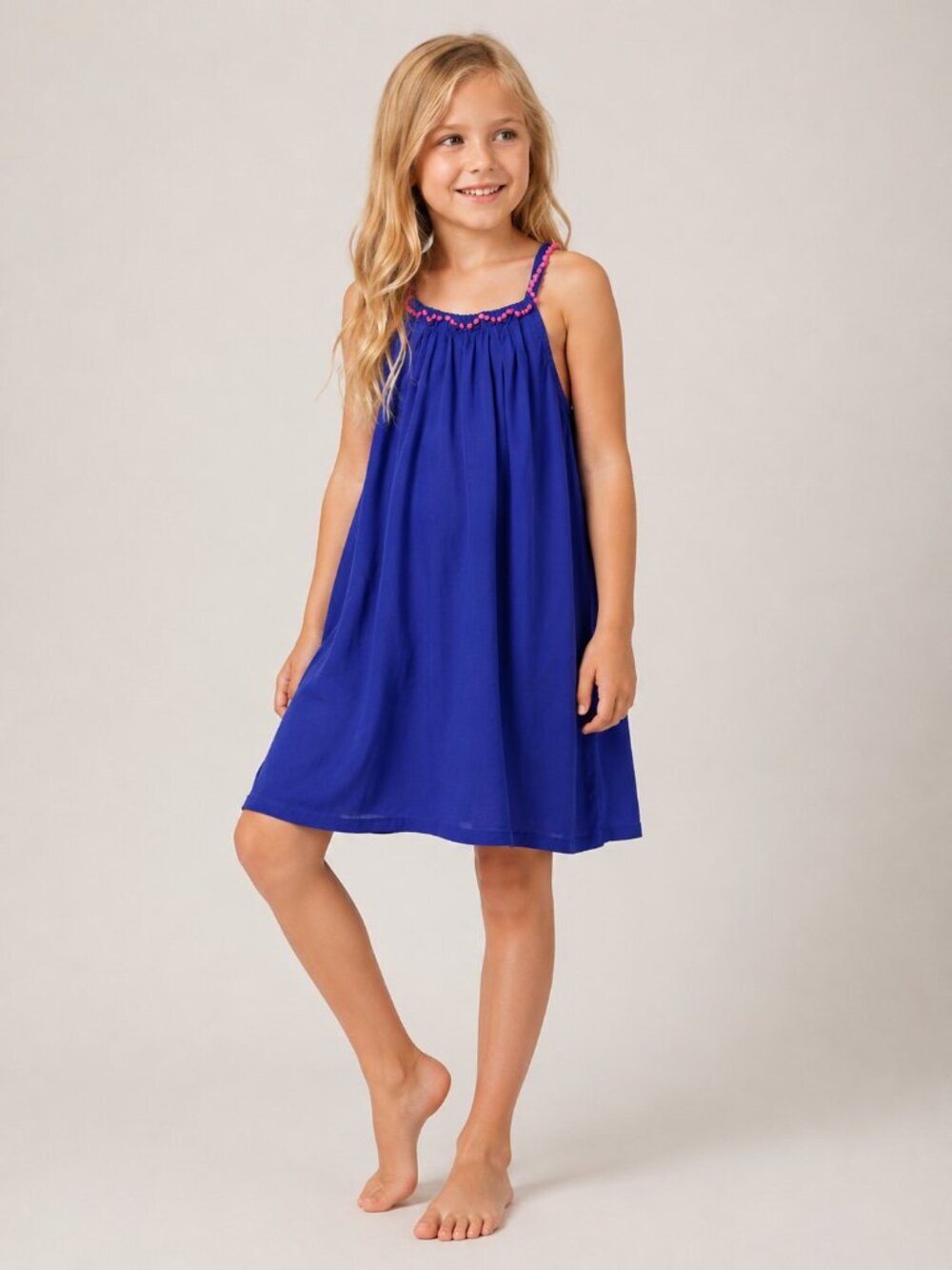 2/$30 Lands' End Girl's Casual Pompom Halter Tent Dress Blue 7- 8 #A2798